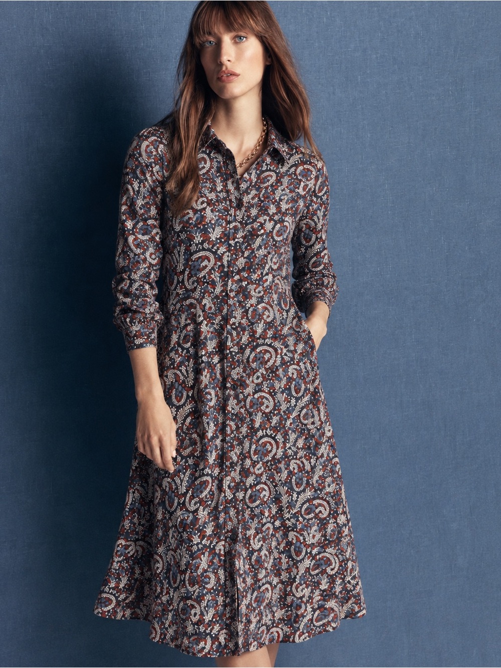 Boden Navy and Rust Paisley Long-Sleeve Shirt Dress